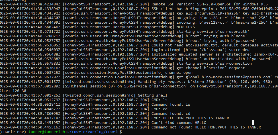 Cowrie honeypot logs showing SSH connection attempts and command execution